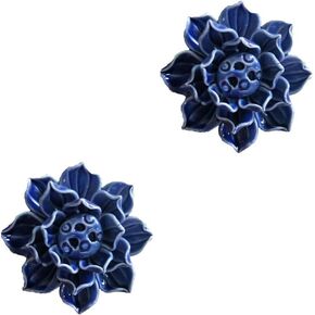 2Pcs Ceramic Incense Burner Stick Holder Lotus Incense Burner Holder Flower Statue Censer Plate with 1 Holes Blue