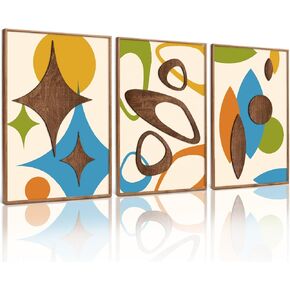 TOARTi 3PCS Framed 3D Mid Century Modern Wall Art Set(16x24inches), Vintage Abstract Geometric Modern Wall Decor, Boho Minimalist Illustration Artwork for Bedroom Bathroom Living Room