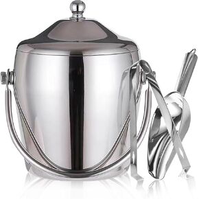 Ice Bucket Champagne Bucket with Tongs Scoop Lid, Double Wall Wine Bar Freezer Ice Bucket with Stand & Carrying Handle, Stainless Steel Mirror Bucket Champagne Bucket for Parties Bar Home,2L (Gold)