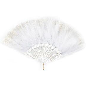 Framendino, White Feather Fan Embroidered Flower Marabou Feather Hand Fan Folding Fan for 20s Women Costume Party Dancing Decoration
