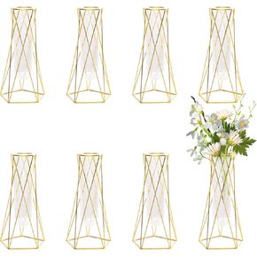 8 Pcs Gold Geometric Vase for Centerpieces, 6.3 Inch Glass Vase with Metal Flower Stand Hydroponic Plant Test Tube Vase Modern Vase for Wedding Home Decor