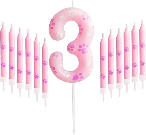 Dog Paw Birthday Candles Numbers 3 Candle with 12 Pieces Long Thin Candles, Dog Paw Print Birthday Party Decorations,Pink Birthday Candles Cake Toppers for Boy Girl Birthday Party Anniversary Supplies in Saudi Arabia