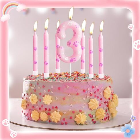 Dog Paw Birthday Candles Numbers 3 Candle with 12 Pieces Long Thin Candles, Dog Paw Print Birthday Party Decorations,Pink Birthday Candles Cake Toppers for Boy Girl Birthday Party Anniversary Supplies in Saudi Arabia