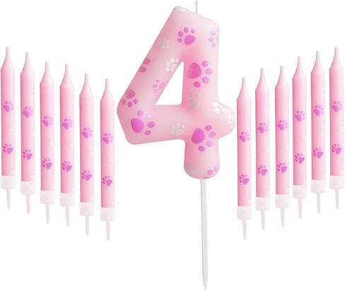 Dog Paw Birthday Candles Numbers 3 Candle with 12 Pieces Long Thin Candles, Dog Paw Print Birthday Party Decorations,Pink Birthday Candles Cake Toppers for Boy Girl Birthday Party Anniversary Supplies in Saudi Arabia
