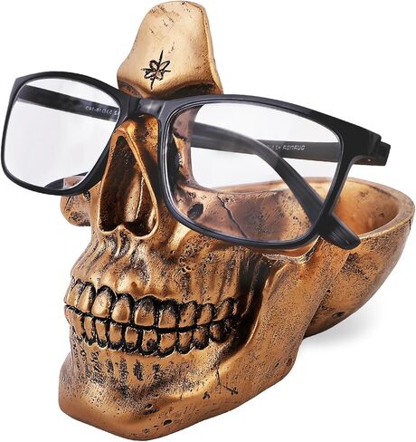 VIPbuy Skull Glasses Holder Stand with Storage Tray Novelty Eyeglass Holder Rack for Nightstand, Resin Skull Head Sculpture Statue Home Office Desk Decor Gift (Bronze) in Kuwait
