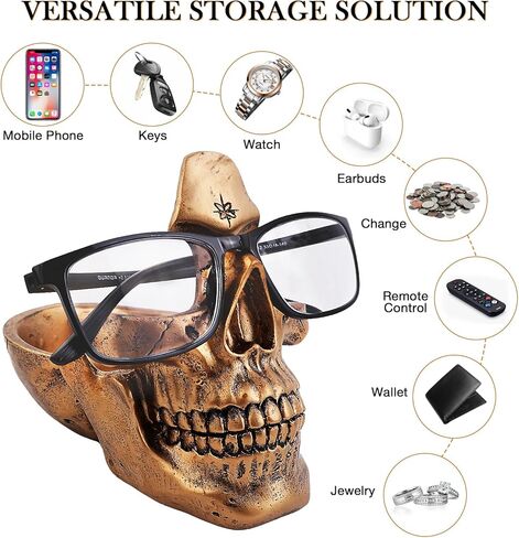 VIPbuy Skull Glasses Holder Stand with Storage Tray Novelty Eyeglass Holder Rack for Nightstand, Resin Skull Head Sculpture Statue Home Office Desk Decor Gift (Bronze) in Kuwait