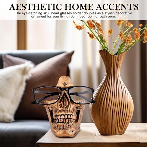 VIPbuy Skull Glasses Holder Stand with Storage Tray Novelty Eyeglass Holder Rack for Nightstand, Resin Skull Head Sculpture Statue Home Office Desk Decor Gift (Bronze) in Kuwait