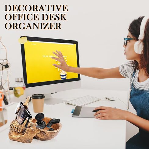 VIPbuy Skull Glasses Holder Stand with Storage Tray Novelty Eyeglass Holder Rack for Nightstand, Resin Skull Head Sculpture Statue Home Office Desk Decor Gift (Bronze) in Kuwait