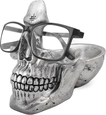VIPbuy Skull Glasses Holder Stand with Storage Tray Novelty Eyeglass Holder Rack for Nightstand, Resin Skull Head Sculpture Statue Home Office Desk Decor Gift (Bronze) in Saudi Arabia