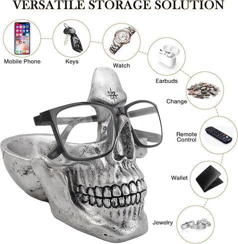 VIPbuy Skull Glasses Holder Stand with Storage Tray Novelty Eyeglass Holder Rack for Nightstand, Resin Skull Head Sculpture Statue Home Office Desk Decor Gift (Bronze) in Saudi Arabia