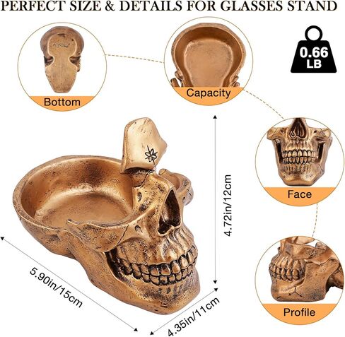 VIPbuy Skull Glasses Holder Stand with Storage Tray Novelty Eyeglass Holder Rack for Nightstand, Resin Skull Head Sculpture Statue Home Office Desk Decor Gift (Bronze) in Kuwait