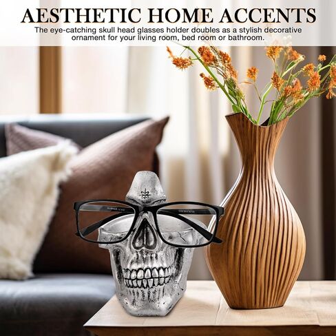 VIPbuy Skull Glasses Holder Stand with Storage Tray Novelty Eyeglass Holder Rack for Nightstand, Resin Skull Head Sculpture Statue Home Office Desk Decor Gift (Bronze) in Saudi Arabia