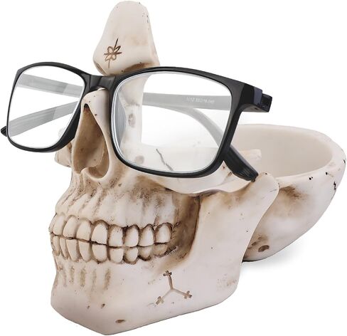 VIPbuy Skull Glasses Holder Stand with Storage Tray Novelty Eyeglass Holder Rack for Nightstand, Resin Skull Head Sculpture Statue Home Office Desk Decor Gift (Bronze) in Saudi Arabia