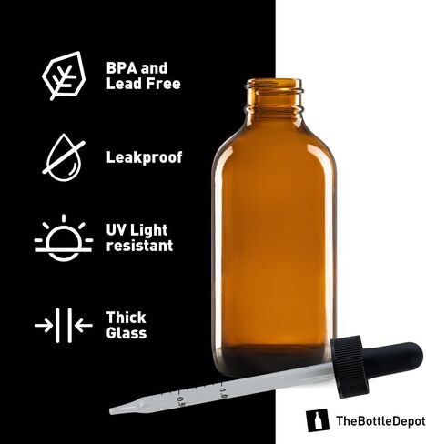 The Bottle Depot - 12 عبوة - زجاجة زجاجية سعة 4 أونصة مع قطارة - كهرمان شفاف - لمسة نهائية للرقبة 22-400 - زجاجات بوسطن المستديرة - حماية من الأشعة فوق البنفسجية in Saudi Arabia