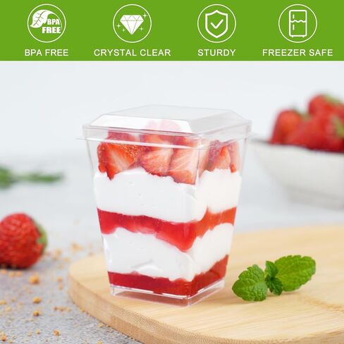 zezzxu 50 عبوة من أكواب الحلوى بوزن 5 أونصة مع أغطية مسطحة وملاعق، أكواب بودنغ بلاستيكية مع أغطية، أكواب صغيرة من بارفيه للحفلات الفردية، بودنغ الموز جيلو، زبادي الفاكهة، تافه in Kuwait