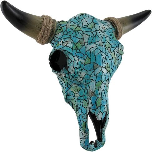 Zeckos De Leon Collections Mosaic Turquoise Tile Western Cow Bull Steer Skull with Black Horn & Hemp Rope Accent Hanging Wall Décor, 9"L x 11.3"W x 3.75"D, Black/Brown/Green/Blue/Turquoise/Teal/White in Saudi Arabia