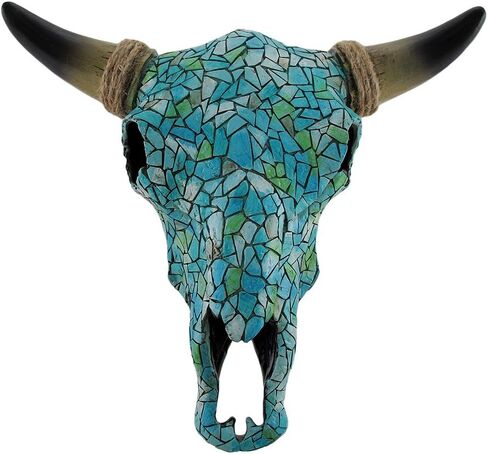 Zeckos De Leon Collections Mosaic Turquoise Tile Western Cow Bull Steer Skull with Black Horn & Hemp Rope Accent Hanging Wall Décor, 9"L x 11.3"W x 3.75"D, Black/Brown/Green/Blue/Turquoise/Teal/White in Saudi Arabia
