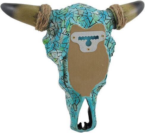 Zeckos De Leon Collections Mosaic Turquoise Tile Western Cow Bull Steer Skull with Black Horn & Hemp Rope Accent Hanging Wall Décor, 9"L x 11.3"W x 3.75"D, Black/Brown/Green/Blue/Turquoise/Teal/White in Saudi Arabia