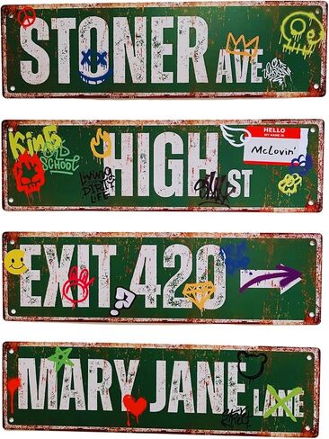 4-Pack 14"x4" Street Signs of Stoner Ave/Exit 420 / High St/Mary Jane Lane for Room Decor, Double Sided PVC Printing, Waterproof, Home Decor for Stoners, Vintage Rustic Retro Street Sign Art in Saudi Arabia
