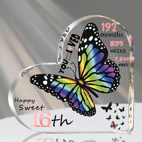 Sweet 16 Gifts for Girls, Acrylic Butterfly in Heart Ornaments Keepsake, Girl's 16th Birthday Decorations Decor for Table Desk Shelf Mantle Home Office (4.9 * 4.9") in Saudi Arabia