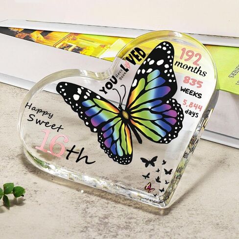 Sweet 16 Gifts for Girls, Acrylic Butterfly in Heart Ornaments Keepsake, Girl's 16th Birthday Decorations Decor for Table Desk Shelf Mantle Home Office (4.9 * 4.9") in Saudi Arabia