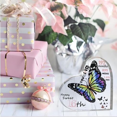 Sweet 16 Gifts for Girls, Acrylic Butterfly in Heart Ornaments Keepsake, Girl's 16th Birthday Decorations Decor for Table Desk Shelf Mantle Home Office (4.9 * 4.9") in Saudi Arabia