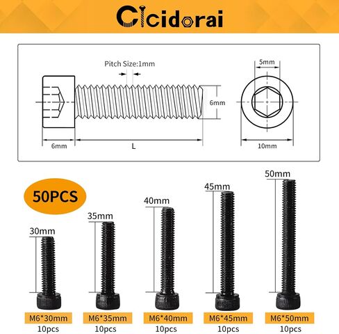 M6 x 30mm 35mm 40mm 45mm 50mm Button Head Socket Cap Screws Bolts, 10.9 Grade Alloy Steel, Metric Allen Hex Drive, Black Oxide Finish, Fully Threaded, Assortment Kit 50Pcs in Saudi Arabia