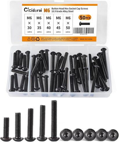 M6 x 30mm 35mm 40mm 45mm 50mm Button Head Socket Cap Screws Bolts, 10.9 Grade Alloy Steel, Metric Allen Hex Drive, Black Oxide Finish, Fully Threaded, Assortment Kit 50Pcs in Saudi Arabia