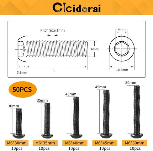 M6 x 30mm 35mm 40mm 45mm 50mm Button Head Socket Cap Screws Bolts, 10.9 Grade Alloy Steel, Metric Allen Hex Drive, Black Oxide Finish, Fully Threaded, Assortment Kit 50Pcs in Saudi Arabia