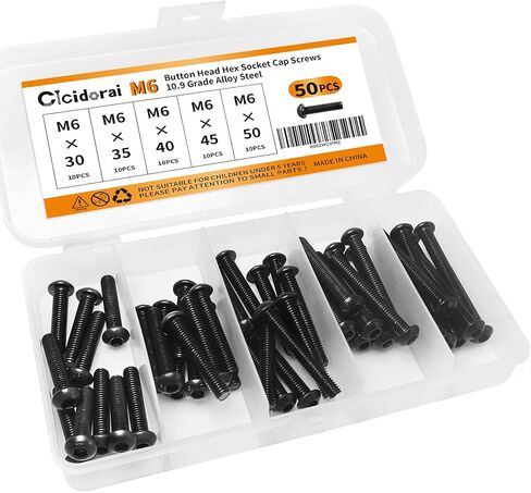 M6 x 30mm 35mm 40mm 45mm 50mm Button Head Socket Cap Screws Bolts, 10.9 Grade Alloy Steel, Metric Allen Hex Drive, Black Oxide Finish, Fully Threaded, Assortment Kit 50Pcs in Saudi Arabia
