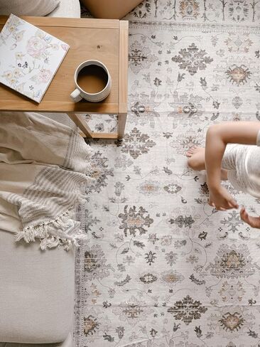 Lahome Vintage 3x5 Throw Rugs,Oriental Farmhouse Rugs for Entryway Indoor Non-Slip,Low-Pile Soft Distressed Living Room Area Rug Washable Floor Carpet for Bedroom Kitchen Laundry - Brown in Saudi Arabia