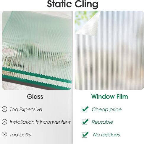 Privacy Window Film Reeded Glass Window Film Non-Adhesive Frosted Glass Window Film Sun Blocking Window Film Heat Control UV Blocking for Home Office, Translucent, 29.5 x 118 Inch in Saudi Arabia