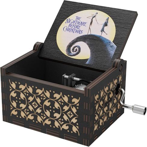 The Nightmare Before Christmas Wood Music Boxes, Wooden Carving Retro Hand Rotary Musical Box Best Gift for Halloween Christmas Thanksgiving Gift (Black) in Saudi Arabia