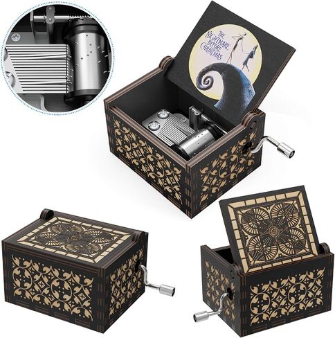 The Nightmare Before Christmas Wood Music Boxes, Wooden Carving Retro Hand Rotary Musical Box Best Gift for Halloween Christmas Thanksgiving Gift (Black) in Saudi Arabia