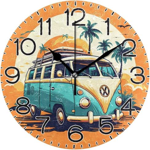 Hippie Bus Palm Tree Wall Clock Battery Operated Non Ticking Silent Quartz Analog Rustic Farmhouse Round Orange Clock Retro Decor for Home Kitchen Living Room Bathroom in Saudi Arabia