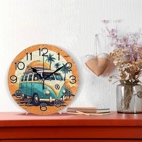 Hippie Bus Palm Tree Wall Clock Battery Operated Non Ticking Silent Quartz Analog Rustic Farmhouse Round Orange Clock Retro Decor for Home Kitchen Living Room Bathroom in Saudi Arabia