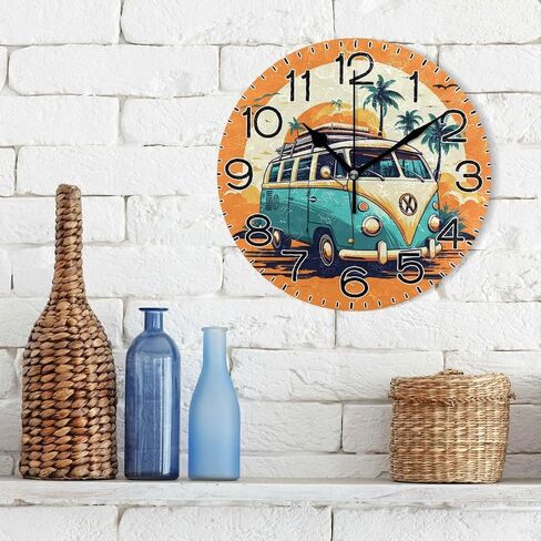 Hippie Bus Palm Tree Wall Clock Battery Operated Non Ticking Silent Quartz Analog Rustic Farmhouse Round Orange Clock Retro Decor for Home Kitchen Living Room Bathroom in Saudi Arabia