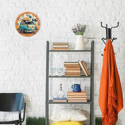 Hippie Bus Palm Tree Wall Clock Battery Operated Non Ticking Silent Quartz Analog Rustic Farmhouse Round Orange Clock Retro Decor for Home Kitchen Living Room Bathroom in Saudi Arabia