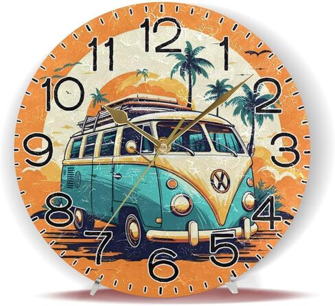 Hippie Bus Palm Tree Wall Clock Battery Operated Non Ticking Silent Quartz Analog Rustic Farmhouse Round Orange Clock Retro Decor for Home Kitchen Living Room Bathroom in Saudi Arabia