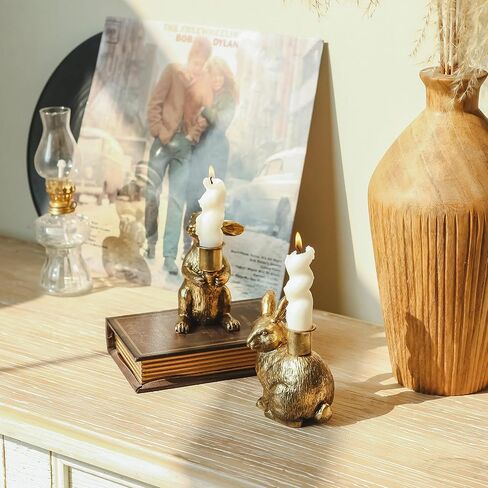 NIKKY HOME Gold Taper Candle Holders, Easter Bunny Decorations, Vintage Rustic Candlesticks Pedestal, Centerpieces decor for Fireplace Mantle Dining Table Set of 2 in Saudi Arabia