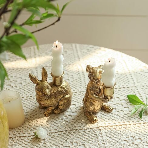 NIKKY HOME Gold Taper Candle Holders, Easter Bunny Decorations, Vintage Rustic Candlesticks Pedestal, Centerpieces decor for Fireplace Mantle Dining Table Set of 2 in Saudi Arabia