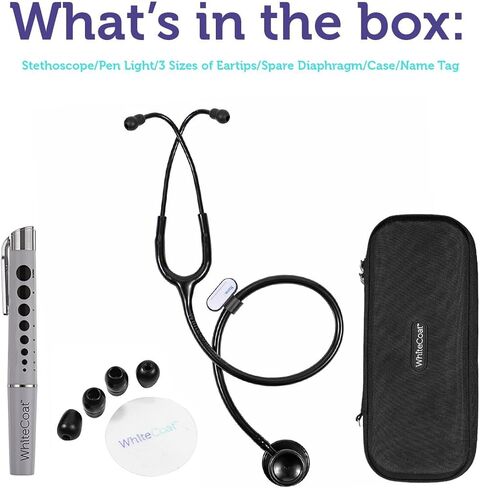 سماعة طبية مزدوجة الرأس ذات معطف أبيض، خفيفة الوزن وصوتية مع حافظة واقية - قلم جيت بلاك بلس LED لقياس حدقة العين in Kuwait