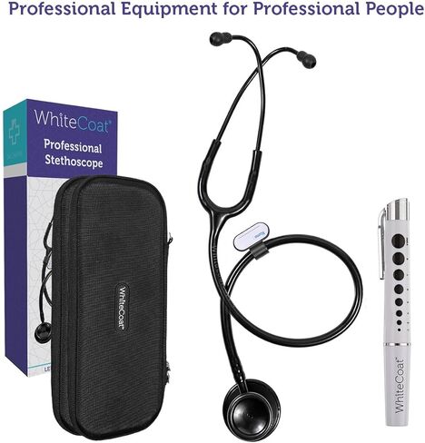 سماعة طبية مزدوجة الرأس ذات معطف أبيض، خفيفة الوزن وصوتية مع حافظة واقية - قلم جيت بلاك بلس LED لقياس حدقة العين in Kuwait