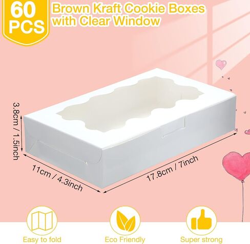 60 عبوة من صناديق البسكويت مع صناديق كب كيك نافذة مقاس 7 × 4.3 × 1.5 بوصة، 60 صندوق حلوى من ورق الكرافت، 60 بطاقة و60 حبلًا للكعك والمعجنات والكعك والبسكويت (أبيض) in Kuwait
