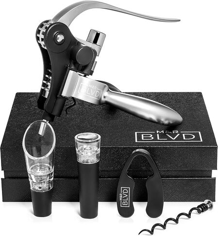 Wine Bottle Opener Set by M&R Blvd. - Professional Grade, Deluxe Screwpull Lever Corkscrew - Extra Spiral, Foil Cutter, Aerator Spout, Wine Stopper - Premium Bar Accessory & Wine Gift Set - Silver in Saudi Arabia