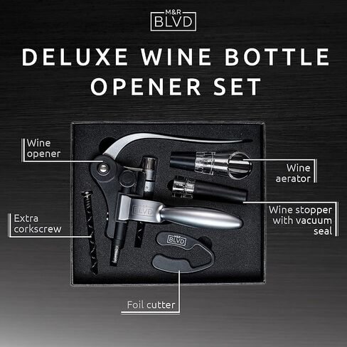 Wine Bottle Opener Set by M&R Blvd. - Professional Grade, Deluxe Screwpull Lever Corkscrew - Extra Spiral, Foil Cutter, Aerator Spout, Wine Stopper - Premium Bar Accessory & Wine Gift Set - Silver in Saudi Arabia