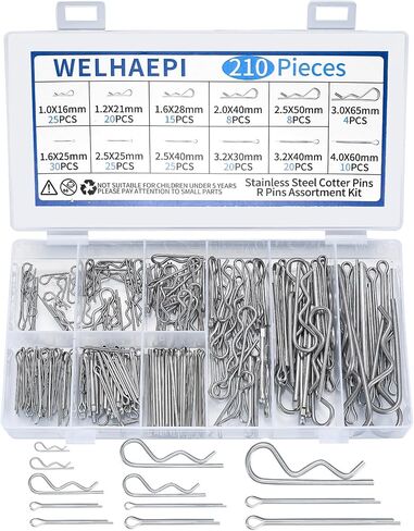 Cotter Pins Assortment Kit, 210 Pcs Stainless Steel R Clips Spring Retaining Clips, Including R Cotter Pins and Hairpin Pins Fastener Set for Hitch Pin Lock Systems, 12 Sizes in Saudi Arabia