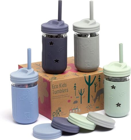 Elk and Friends Smoothie Cups For Kids & Toddler | The Original Glass Mason Jars 12 oz with Silicone Sleeves & Straws |Spill Proof| in Saudi Arabia