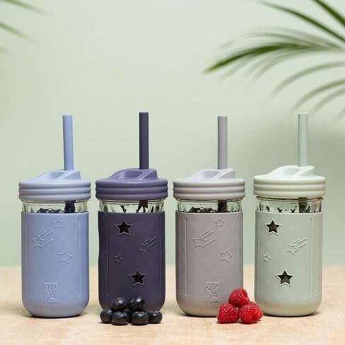 Elk and Friends Smoothie Cups For Kids & Toddler | The Original Glass Mason Jars 12 oz with Silicone Sleeves & Straws |Spill Proof| in Saudi Arabia