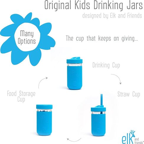 Elk and Friends Smoothie Cups For Kids & Toddler | The Original Glass Mason Jars 12 oz with Silicone Sleeves & Straws |Spill Proof| in Saudi Arabia